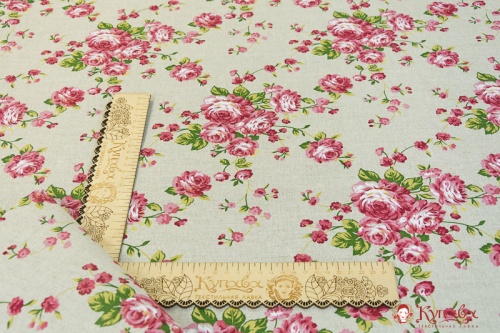 Полулен "Розовые розочки на льняном" 1.5 м, лен-56%, хлопок-44%, пл.200 гр/м.кв.