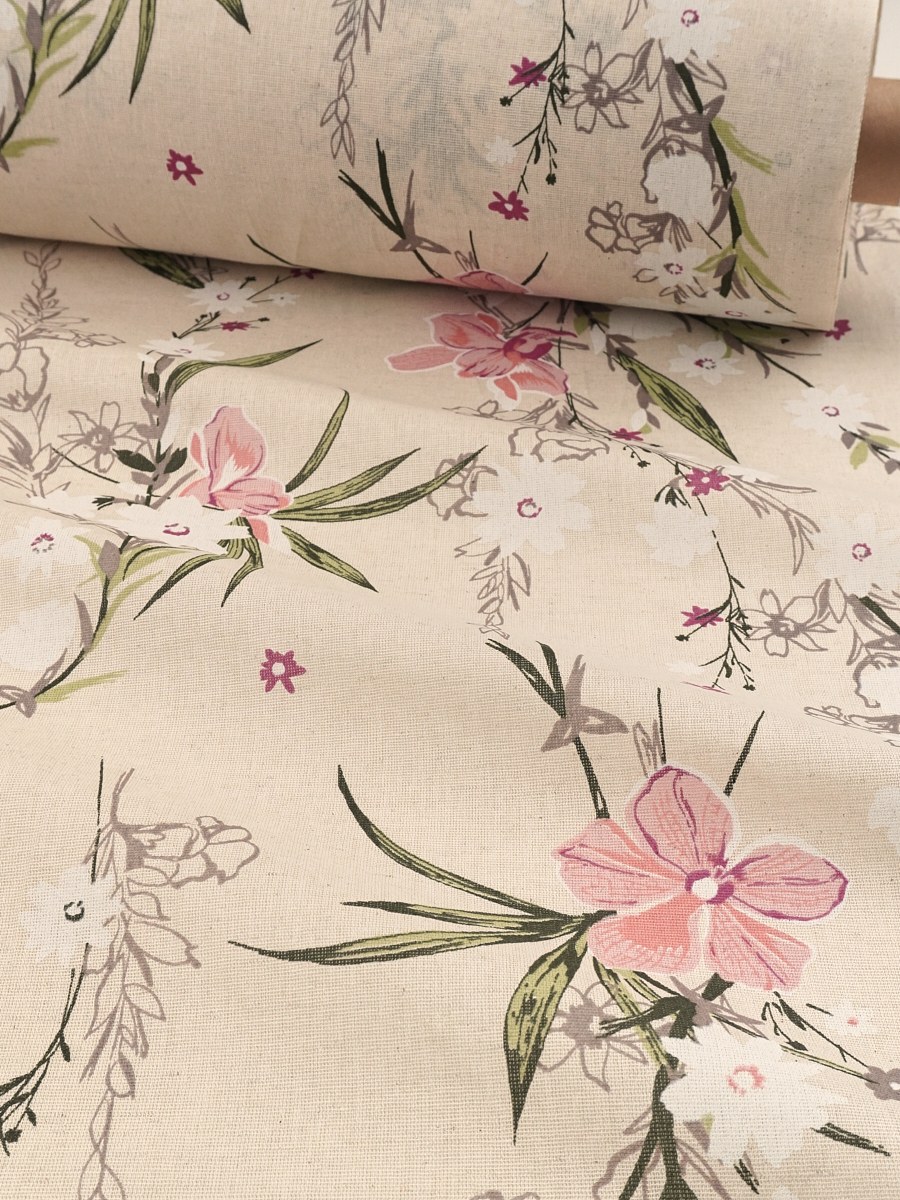 Мерный лоскут Полулен "Орхидеи - розовые цветы" (на суровом), ш.1.5м, лен-30%, хлопок-70%, 140гр/м.кв