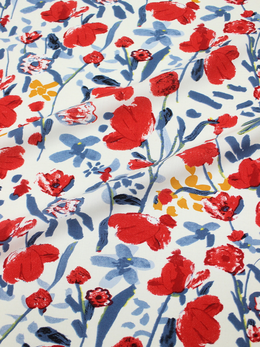 Штапель "Акварельные маки" цв.белый, ш.1.45м, вискоза-100%, 100гр/м.кв