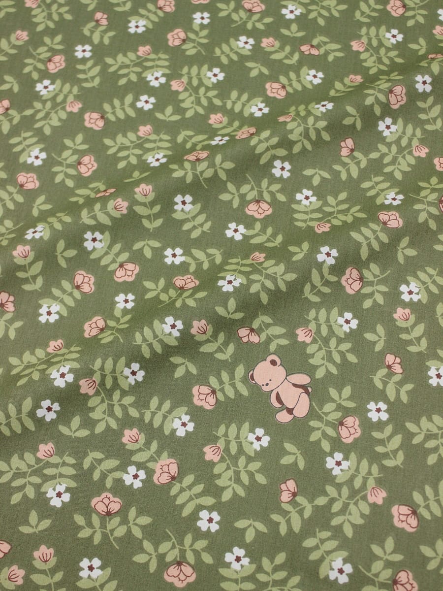 Сатин "Розовый мишка" цв.оливково-серый, ш.2.35м, хлопок-100%, 110гр/м.кв