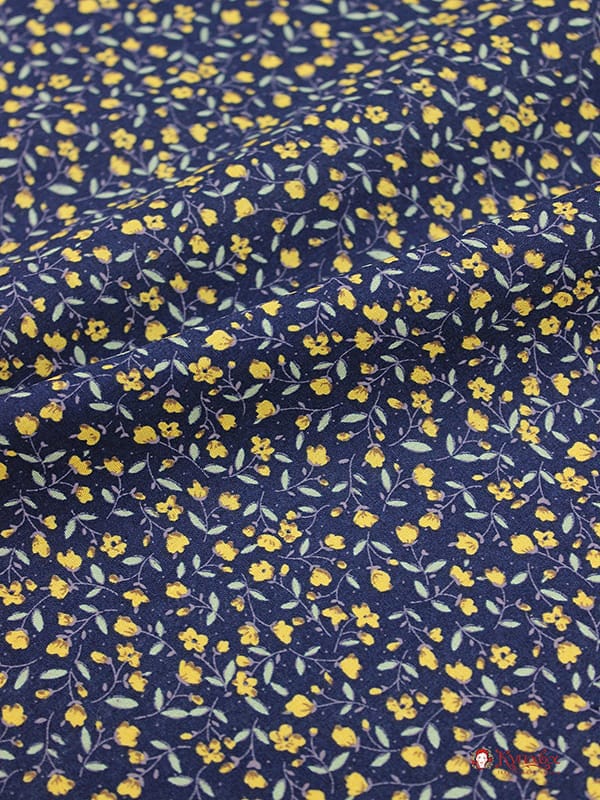 Импорт. хлопок "Горчичные лютики на темно-синем", ш.1.5м, хлопок-100%, 115гр/м.кв