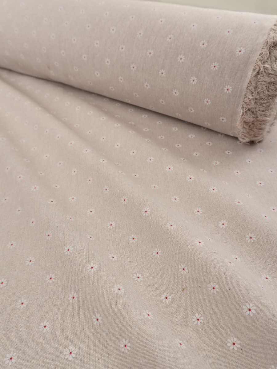 Полулен "Россыпь маленьких ромашек" (на суровом), ш.1.5м, лен-40%, хлопок-40%, п/э-20, 170гр/м.кв