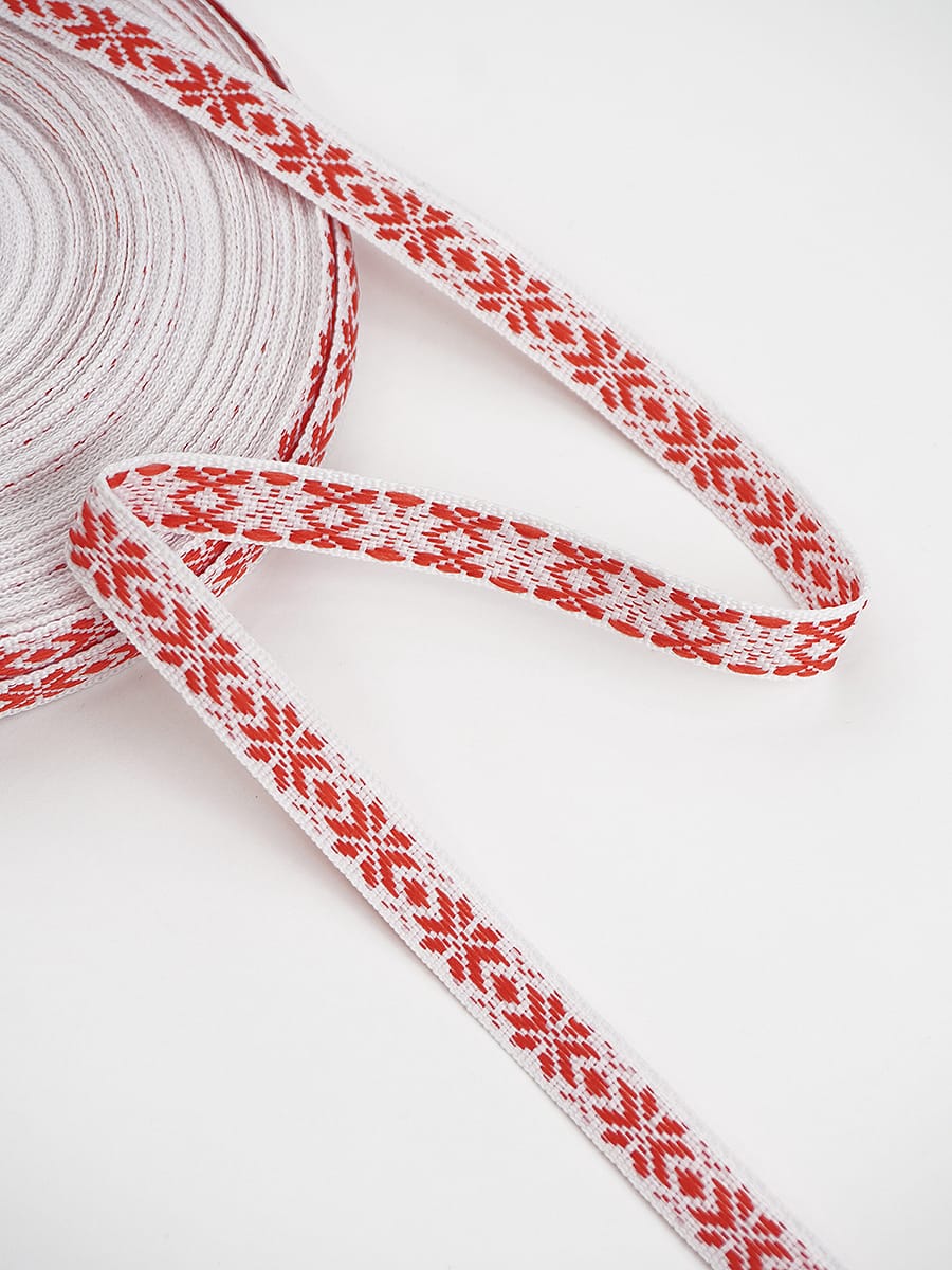 Жак.лента 10мм Красная снежинка на белом