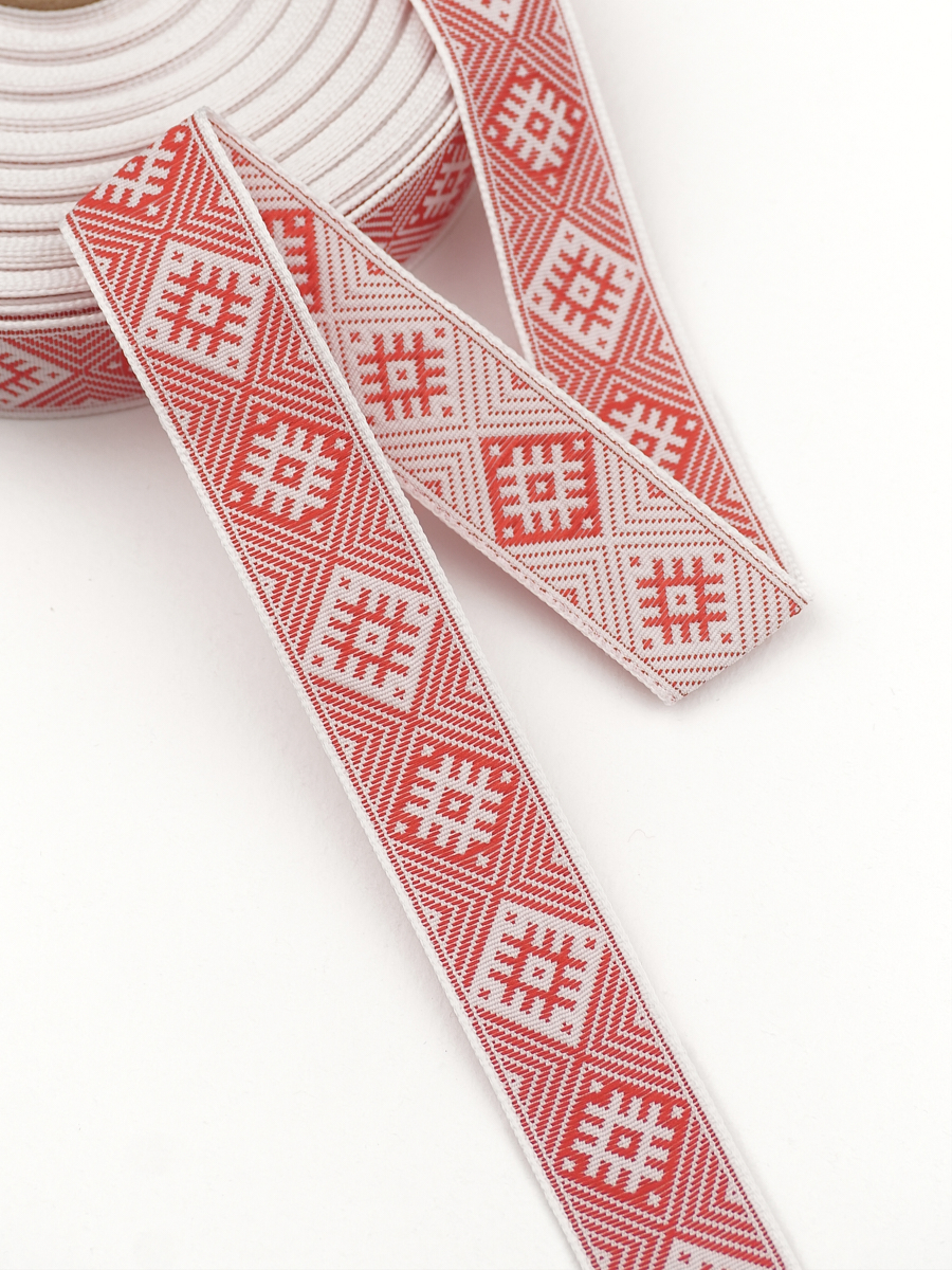 Жак.лента 24мм Красный славянский орнамент на белом, рис.9664/1