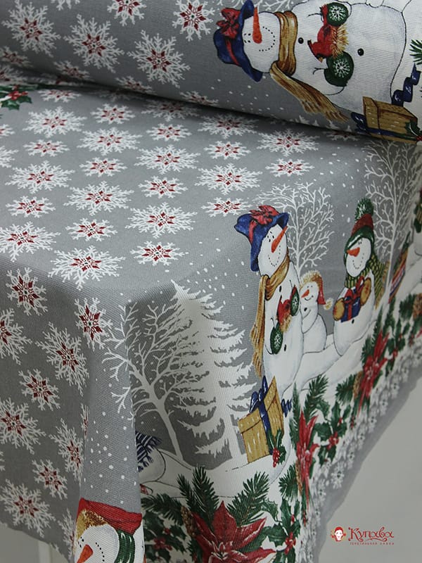 Рогожка "Снеговики со снежинками" цв.стальной серый, ш.1.5м, хлопок-100%, 160гр/м.кв