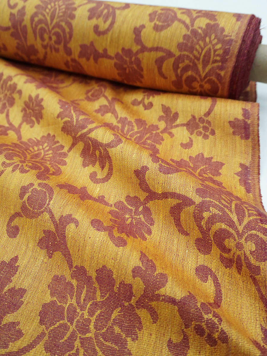 Льняной жаккард "Антония" цв.бордовый/золотисто-желтый, ш.1.7м, лен-100%, 205гр/м.кв