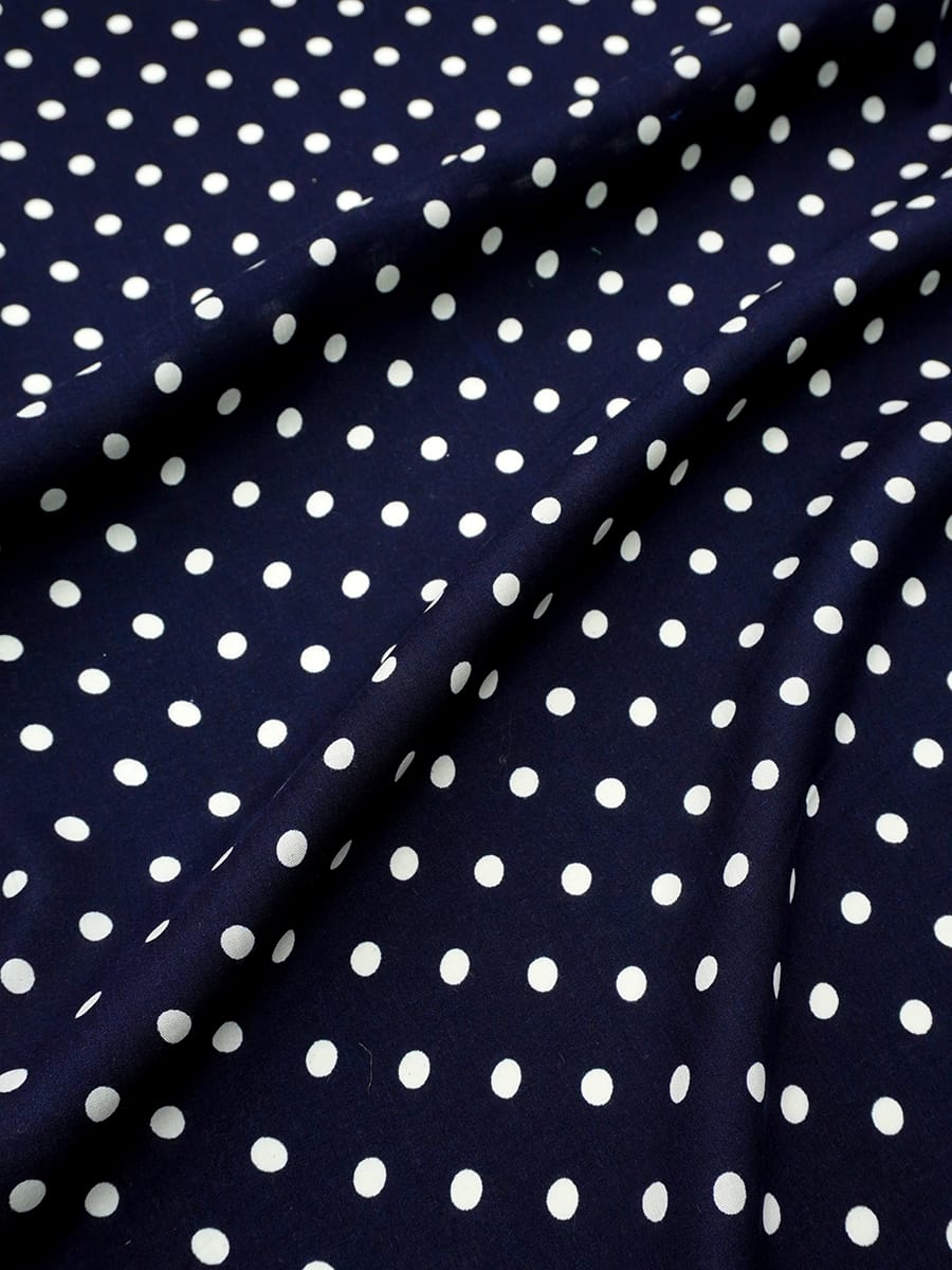 Штапель "Белый горох (7мм)" цв.чернильно-синий, ш.1.4м, вискоза-100%, 90гр/м.кв