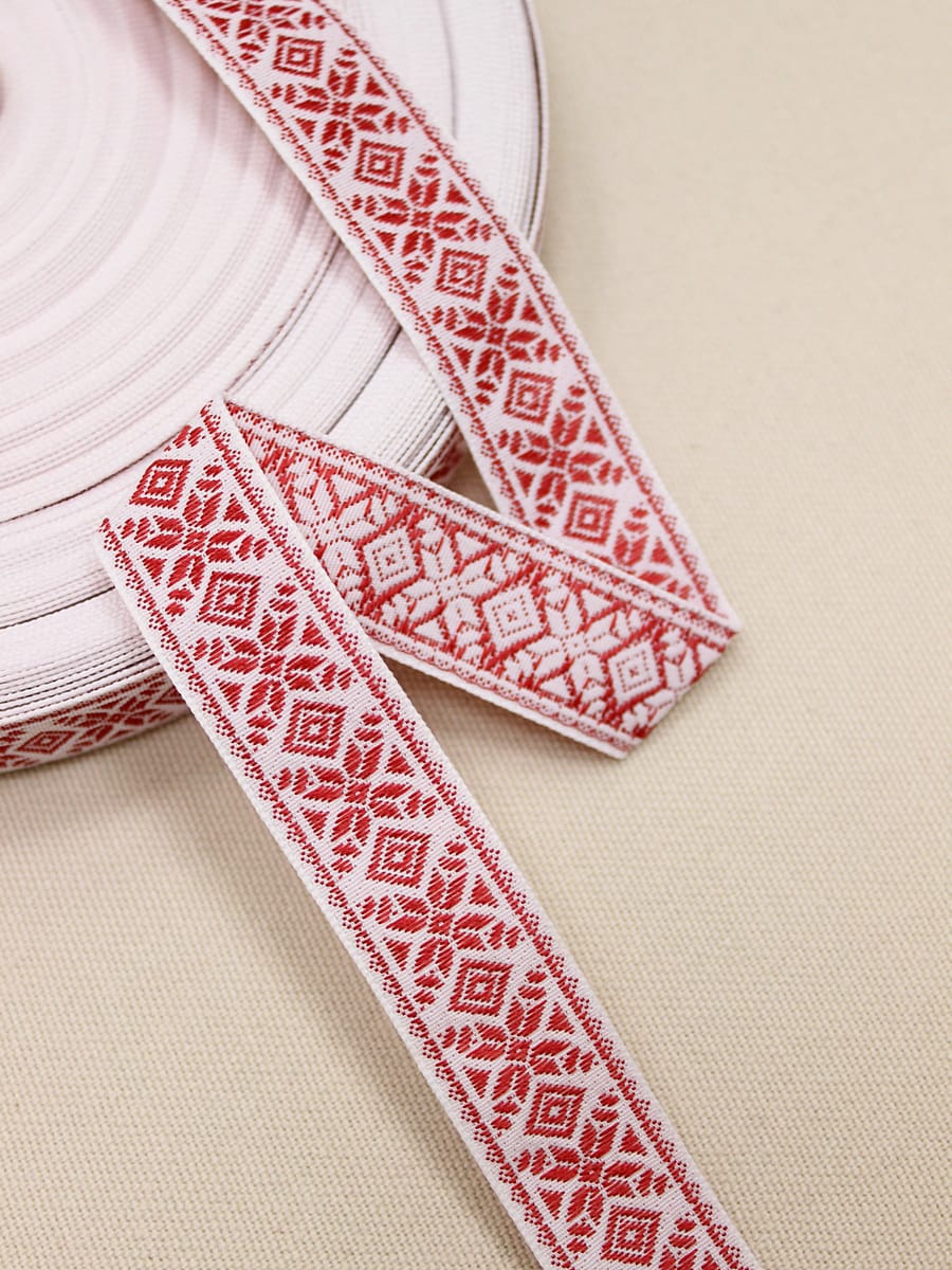 Жак.лента 23мм Снежинка-орнамент (цв.красный) на белом