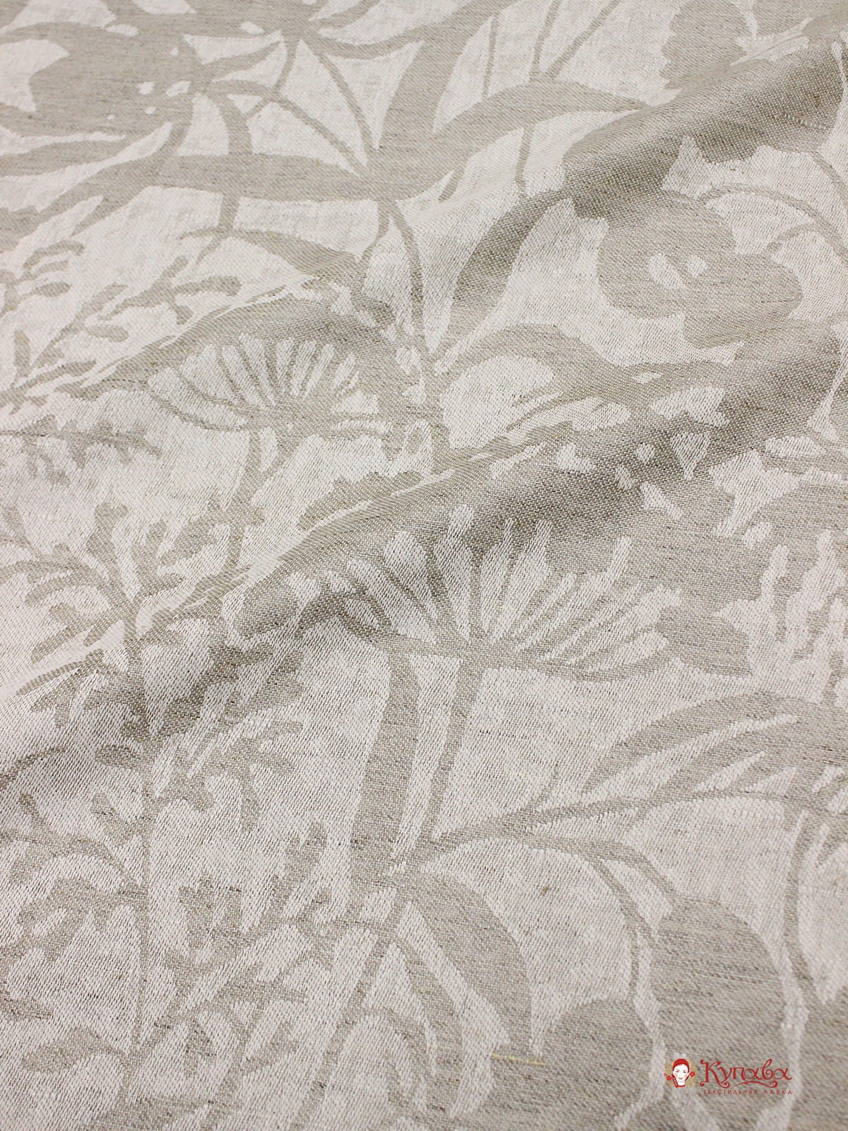 Полулен скатертной жаккард "Травы" цв.суровый, ВИД2, ш.1.6м, лен-50%, хлопок-50%