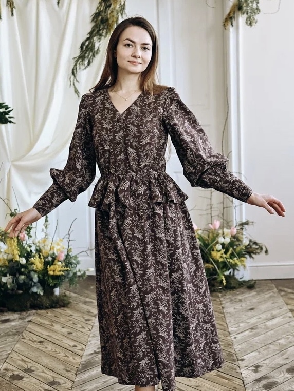 Платье из Теплого хлопка "Осенние травы" в шоколадном цвете