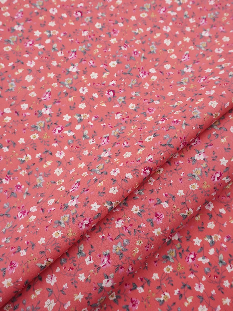 Импорт. хлопок "Цветочный вьюнок на коралловом", ш.1.5м, хлопок-100%, 100гр/м.кв