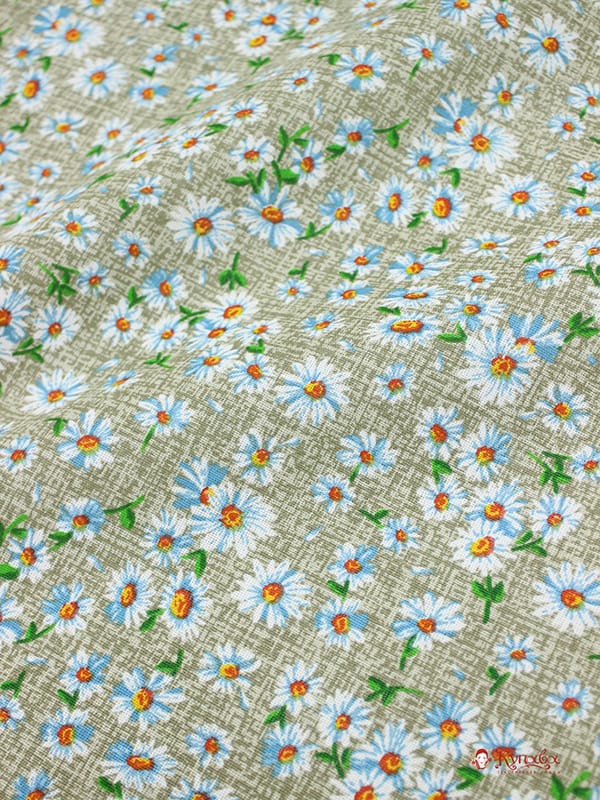 Мерный лоскут (ткань в отрезах)  Бязь "Ромашки на серо-бежевом хаки", ш.1.5м, хлопок-100%, 120гр/м.кв