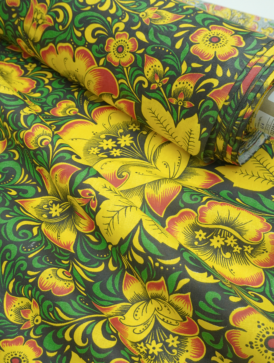 Бязь "Черно-желтая хохлома с зеленым", СОРТ2, ш.1.5м, хлопок-100%, 120гр/м.кв