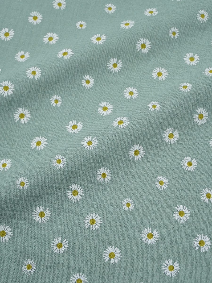 Муслин двухслойный с эф.жатости "Ромашка полевая" цв.винтажная мята, ш.1.4м, хл-100%, 120гр/м.кв