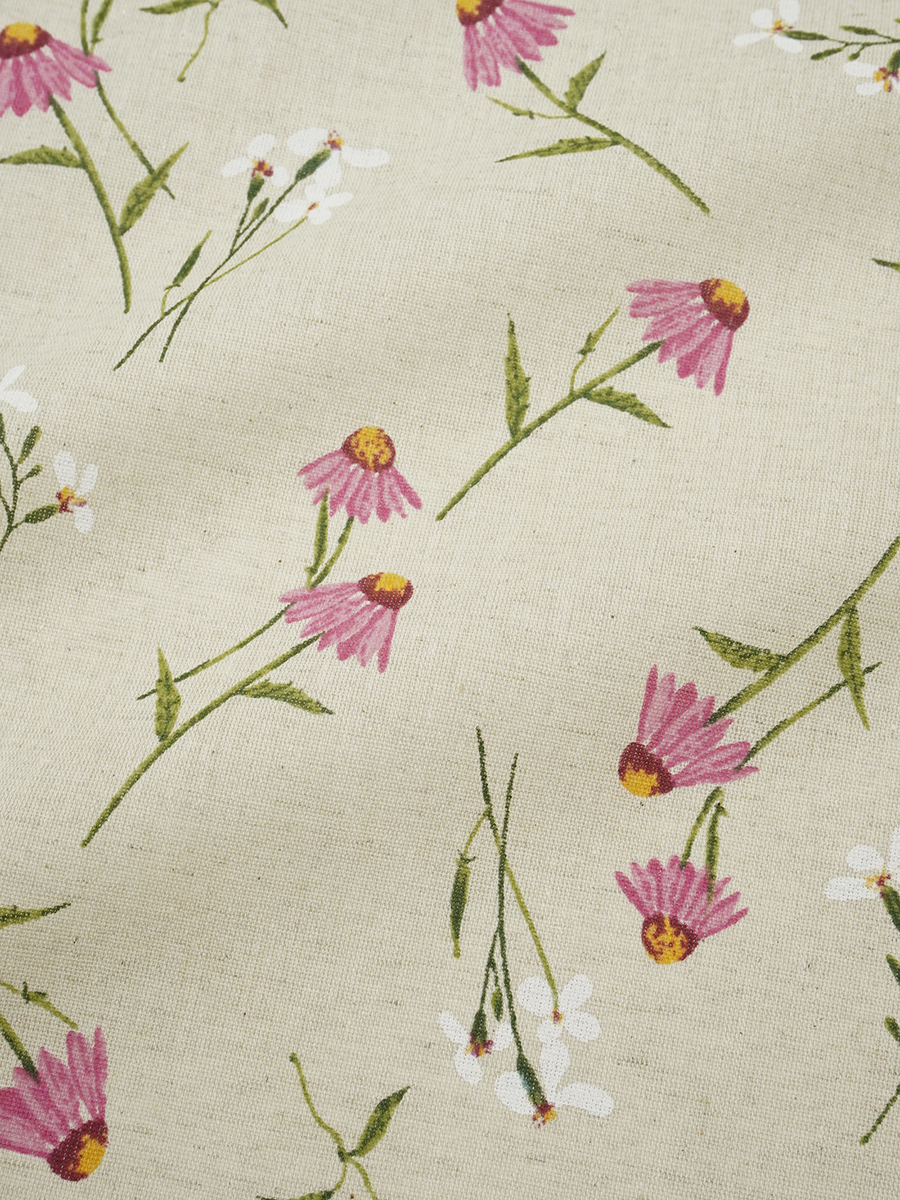 Мерный лоскут (тканьв отрезах) Полулен "Альпийская ромашка-розовые цветы" (на суровом), ш.1.5м, лен-30%, хлопок-70%, 140гр/м.кв