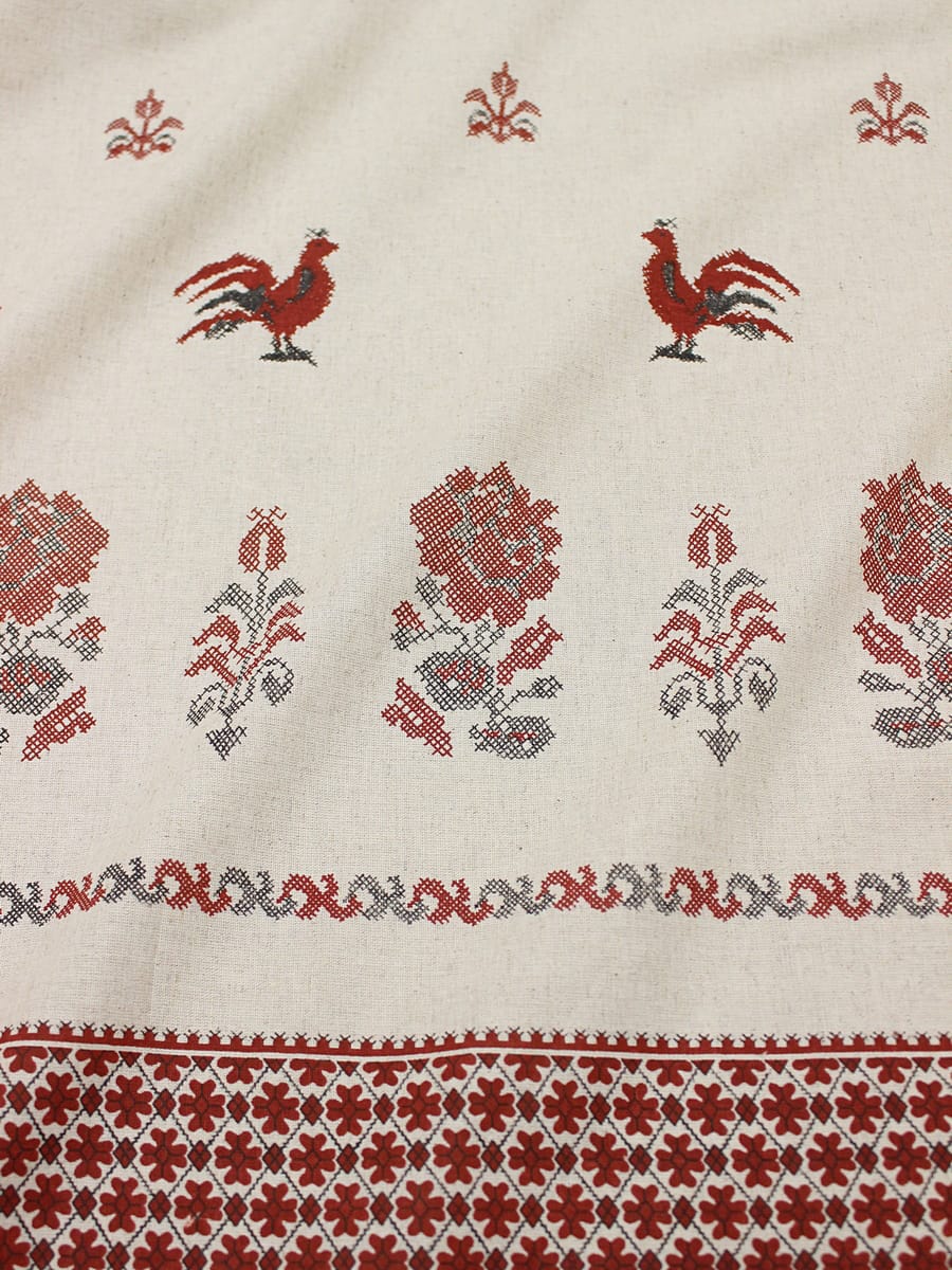 Полулен "Вышивка петушки на суровом с каймой", ш.1.5м, хлопок-70%, лен-30%, 140гр/м.кв