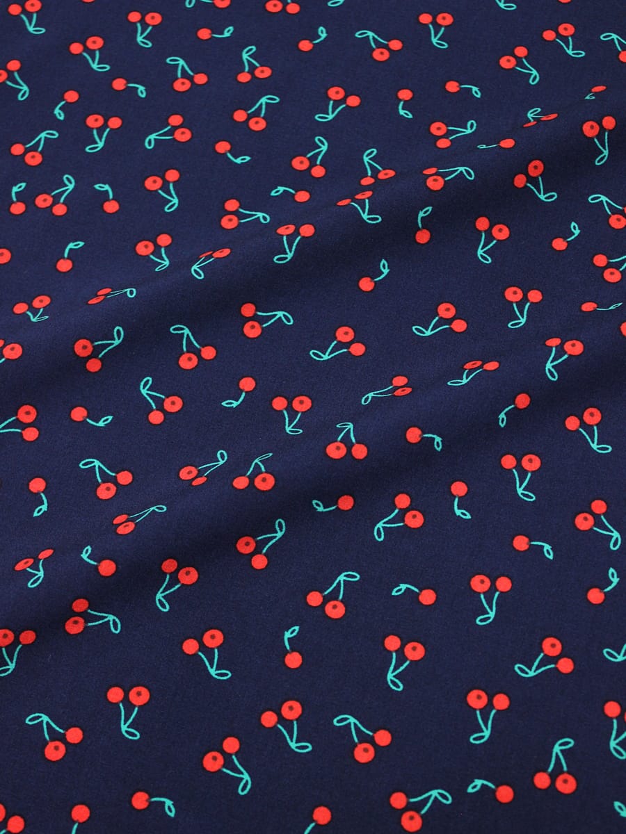 Штапель "Маленькие вишенки на чернильном", ш.1.45м, вискоза-100%, 110гр/м.кв