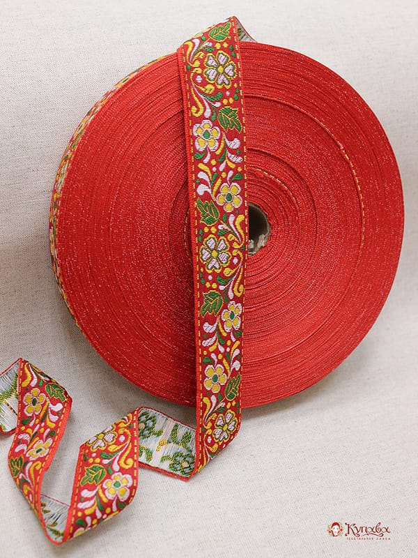 Жак.лента 32мм Желто-белые цветы на красном#018287