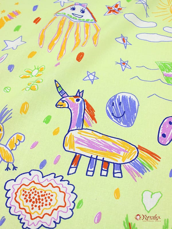 Бязь "Детский рисунок-Калякины фантазии" цв.мохито, ш.1.5м, хлопок-100%, 120гр/м.квВ ОТРЕЗАХ