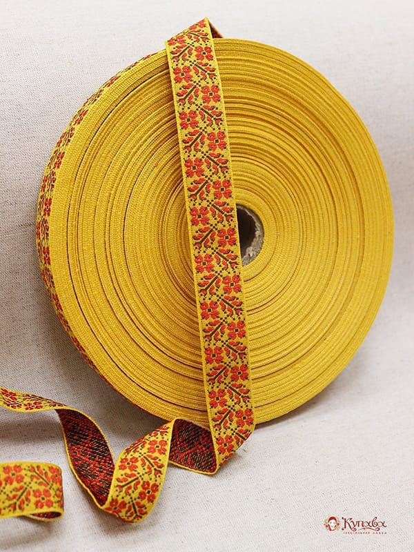 Жак.лента 23мм Красно-черные цветы на желтом