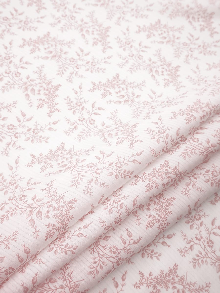 Вискоза с хлопком "Веточки барбариса" цв.пыльная роза на белом, ш.1.5м, хлопок-70%, вискоза-30%