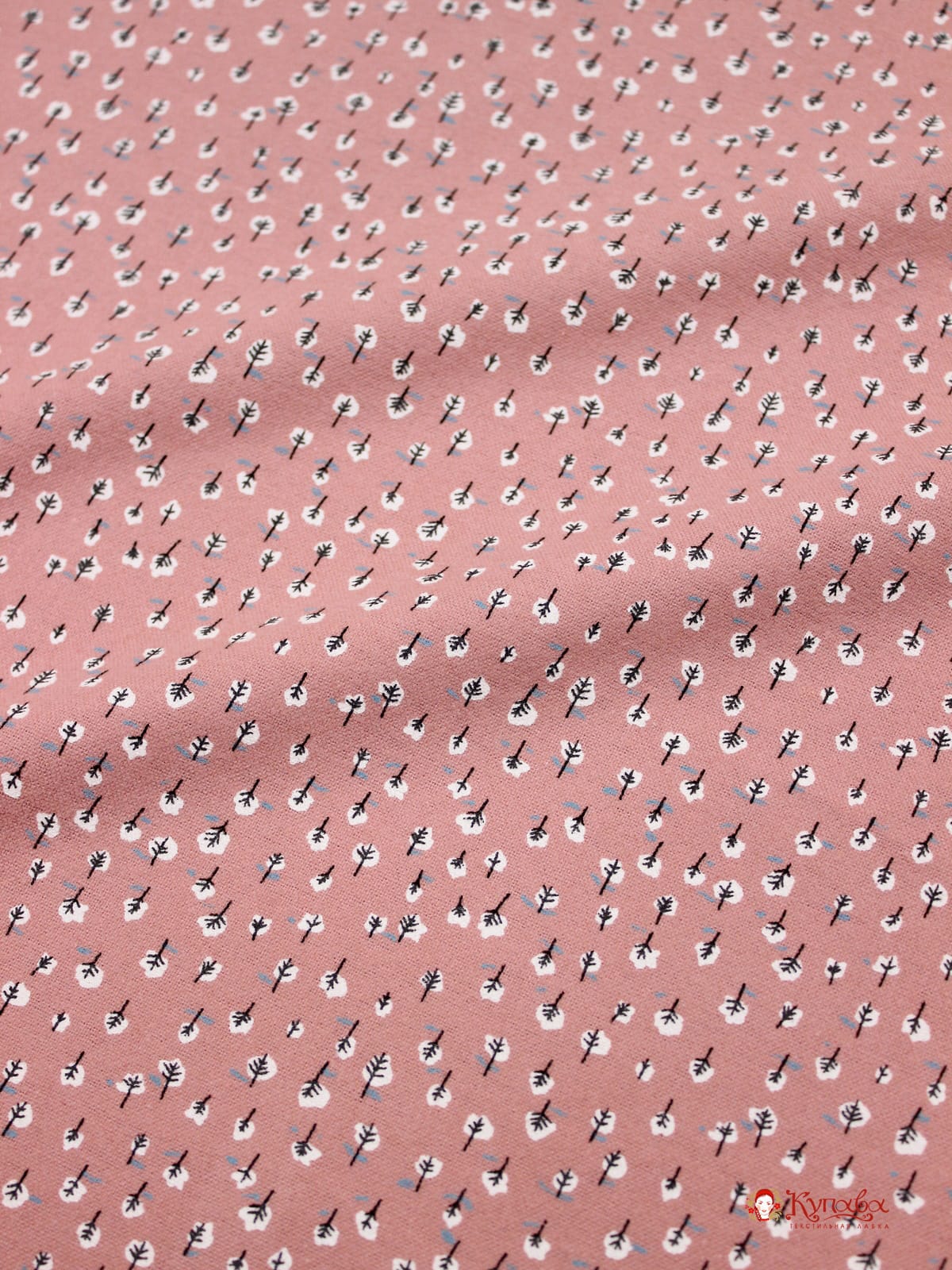 Мерный лоскут (ткань в отрезах) Теплый хлопок "Мелкие белые листочки" цв.пыльная роза, ВИД2, ш.1.50м, хлопок-100%, 160гр/м.кв