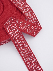 Лента тканая для поясов, 35мм Белый орнамент на красном