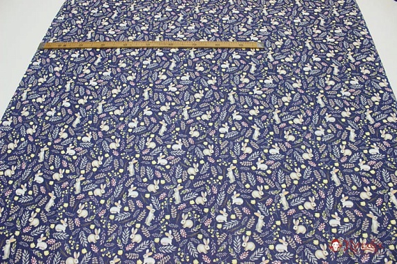 Бязь "Зайчата на лугу" цв.чернильно-синий, ш.1.5м, хлопок-100%, 120гр/м.кв