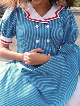 Платье с рукавами фонариками из Пестряди "Белая/синяя узкая полоска"