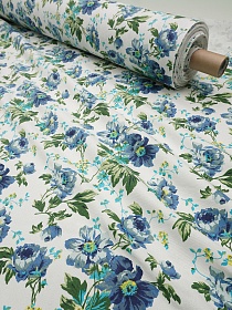 Ткань интерьерная "Синие пионы на белом", ш.1.5м, хлопок-80%, п/э-20%, 230гр/м.кв