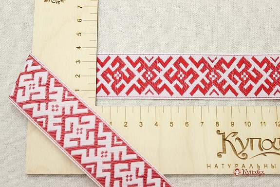 Жак.лента 32мм Красные славянские знаки на белом#001026