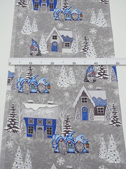 Вафельное полотно (холст) "Сказочные гномы" цв.синий, ш.0.5м, хлопок-100%, 165гр/м.кв