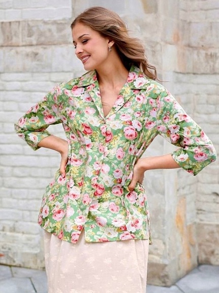 Рубашка из сатина "Великолепие роз на винтажно-зеленом"