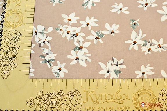 Мерный лоскут (ткань в отрезах) - Штапель "Жасминовые цветочки на бежевом-2", ш.1.44м, вискоза-100%