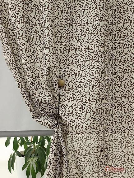 Полулен "Средние шоколадные вензеля на суровом", ш.1.5м, лен-30%, хлопок-70%, 140гр/м.кв