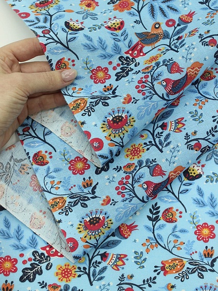 Ситец "Птичка-невеличка" цв.голубой, ш.1.5м, хлопок-100%, 94гр/м.кв