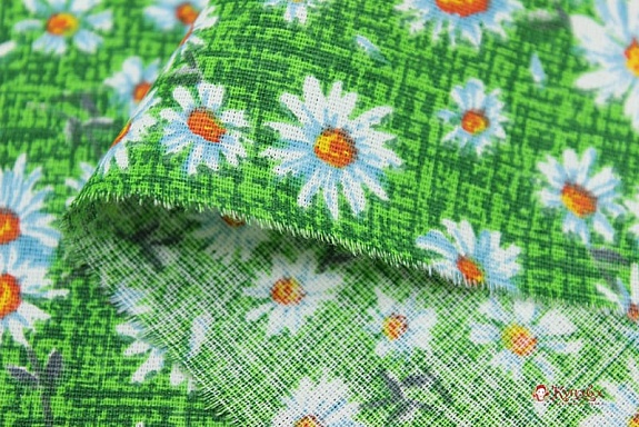 Бязь "Ромашки на зеленом", ш.1.5м, хлопок-100%, 120гр/м.кв