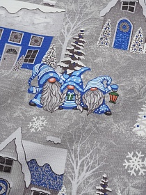 Вафельное полотно (холст) "Сказочные гномы" цв.синий, ш.0.5м, хлопок-100%, 165гр/м.кв