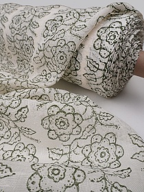 Льняная сетка "Цветочное переплетение под набойку" цв.кремовый/зеленый хаки, ш.1.15м, лен-100%, 100гр/м.кв