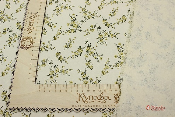 Мерный лоскут Плательный хлопок с микроворсом "Элиза" (хаки цветы на св.телесно-желтом), ш.1.45м, хлопок-100%