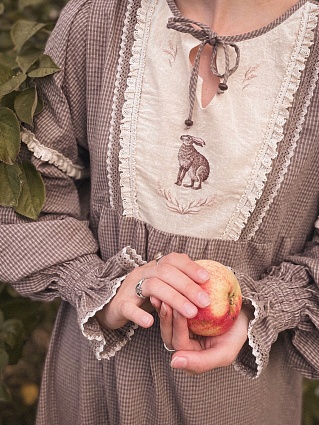 Платье  с вышивкой из пестряди в мелкую клетку