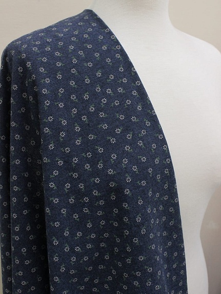 Плательный хлопок "Мелкие ромашки на джинсово-синем меланже", ш.1.5м, хл-80%, п/э-20%, 150гр/м.кв