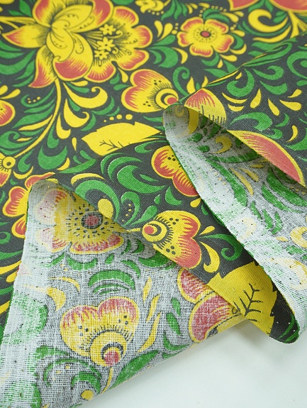Бязь "Черно-желтая хохлома с зеленым", СОРТ2, ш.1.5м, хлопок-100%, 120гр/м.кв