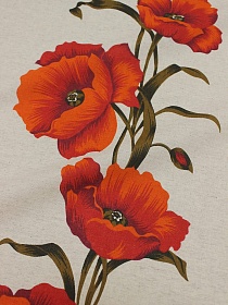 Мерный лоскут  Полулен "Крупные маки по кайме" (на суровом), ш.1.5м, хлопок-70%, лен-30%, 140гр/м.кв
