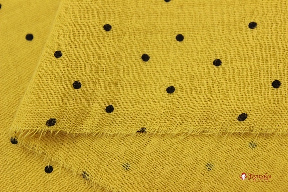 Муслин двухслойный с эф.жатости "Россыпь черного гороха на винтажно-горчичном", ш.1.42м, хлопок-100%