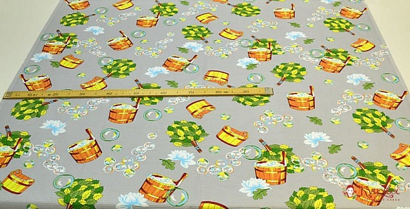 Вафельное полотно "Банька с вениками на сером", ш.1.5м, хлопок-100%, 160гр/м.кв