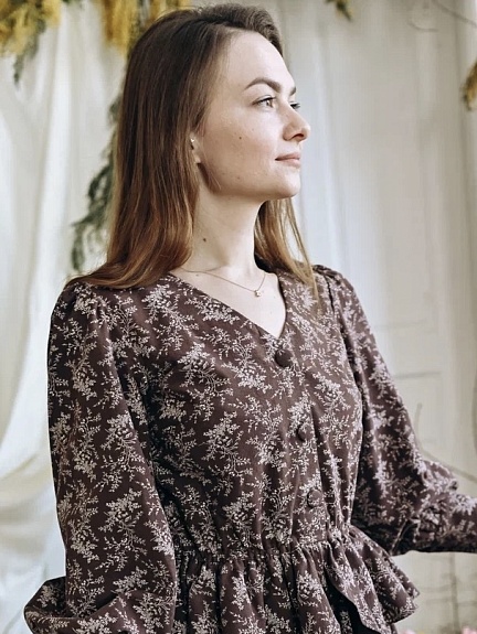 Платье из Теплого хлопка "Осенние травы" в шоколадном цвете