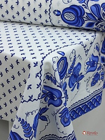 Мерный лоскут (ткань в отрезах) Полулен "Гжель по кайме" цв.белый, ш.1.5м, лен-30%, хлопок-70%,140гр/м.кв