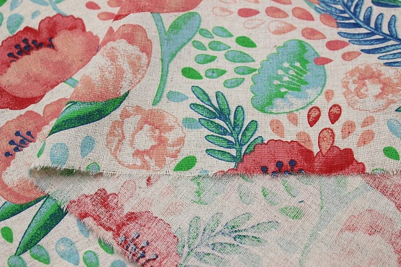 Полулен "Цветущие маки" (на т.суровом), ш.1.5м, лен-30%, хлопок-70%, 147гр/м.кв