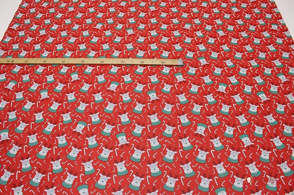 Сатин "Рождественские оленята" цв.алый, ш.1.61м, хлопок-100%, 120гр/м.кв